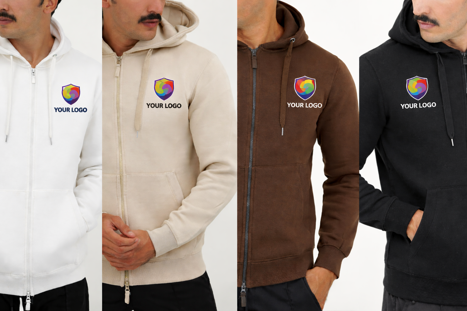 Four hoodies in different colors with a rainbow logo and 'YOUR LOGO' text.
